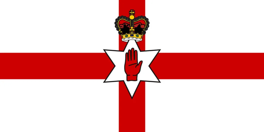 Northern Ireland flag, St George's cross with a red hand in a star. Reminds me of the Red Hand Gang!