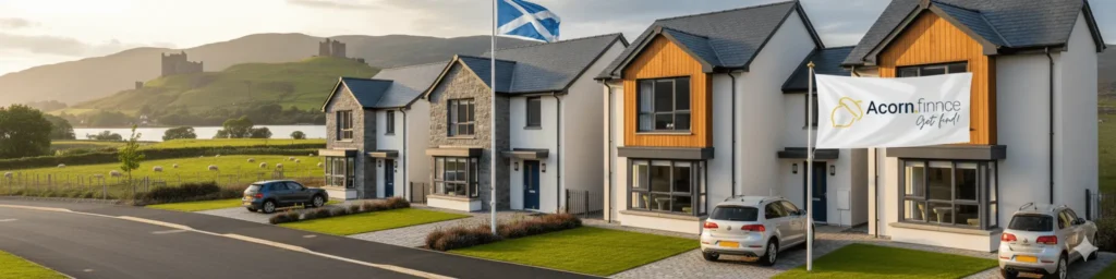 AI generated image of new build houses in Scotland, funded by Acorn.finance