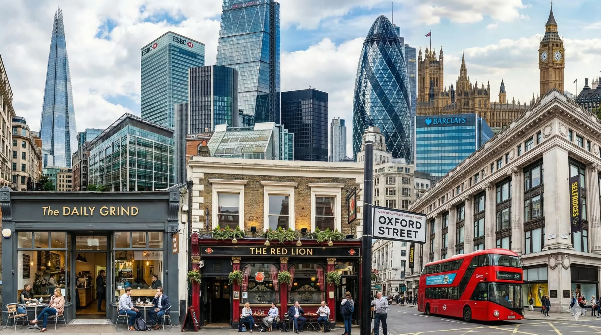 Landmarks of London, the world's finance capital. Pubs, Coffee shops, Department stores, office blocks and parliament. It's all here!