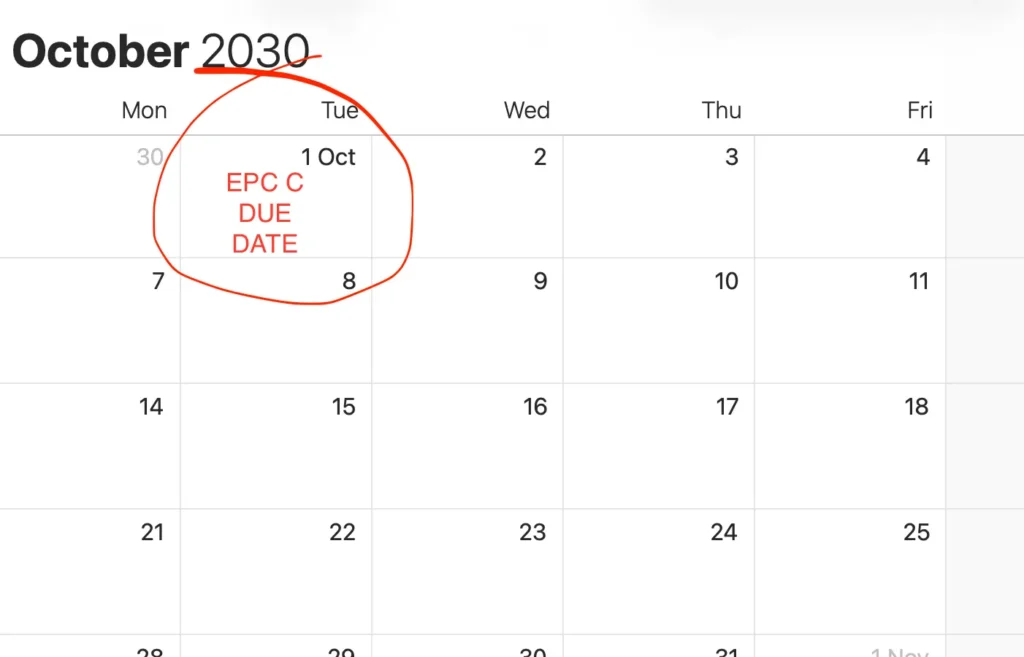 Calender highlighting 30 October 2030 as the date that rental properties have to be at EPC C or better